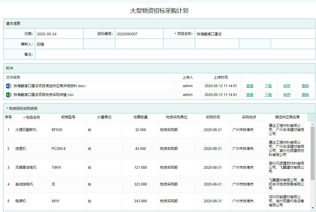 大型物资招标采购计划