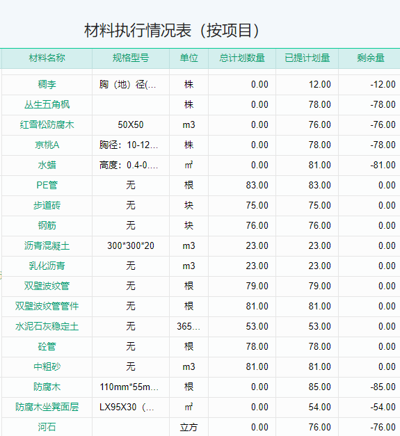 材料执行情况表