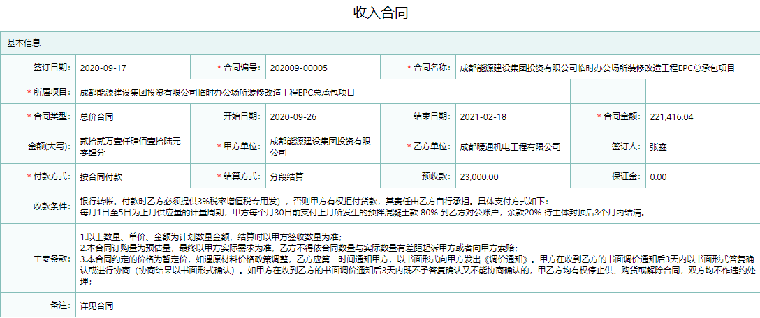 项目收入合同信息