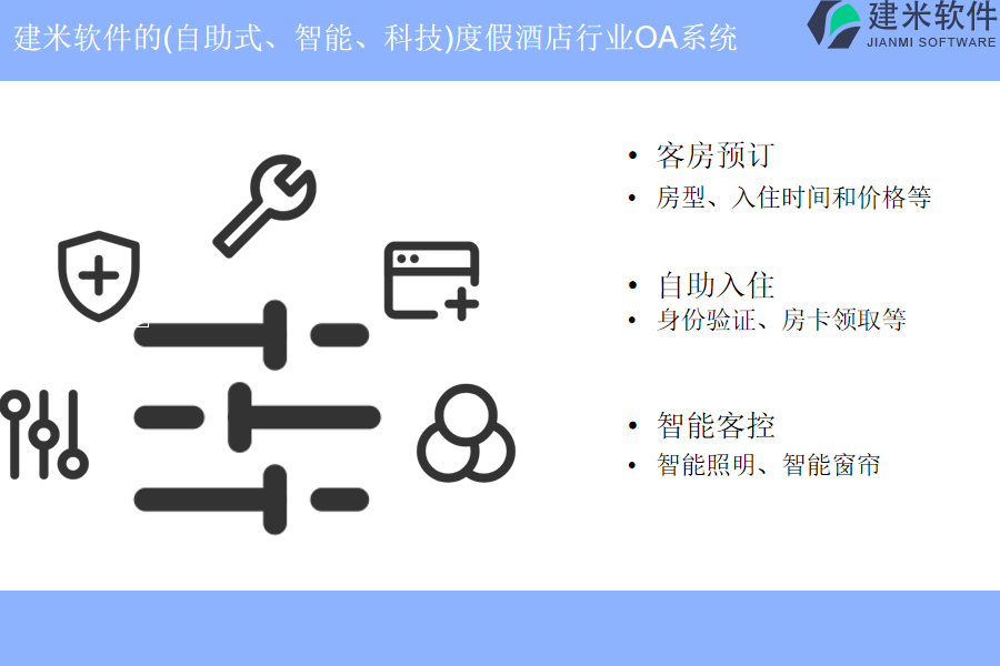 建米软件的(自助式、智能、科技)度假酒店行业OA系统