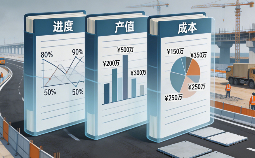 公路工程插画，进度、产值、成本三本账数据割裂，展现项目三账核对脱节痛点