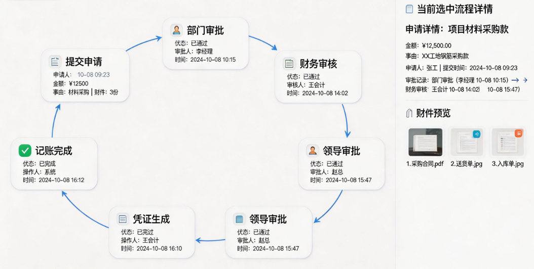 工程款记账软件收支审批与记账闭环流程