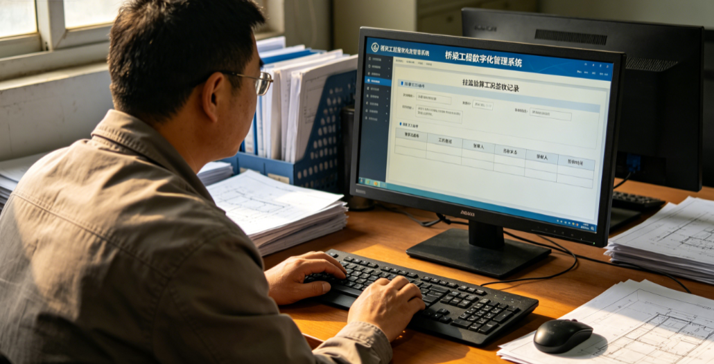 桥梁项目部技术总工正在系统内核对挂篮验算工况签收记录 桥梁项目部技术总工正在系统内核对挂篮验算工况签收记录