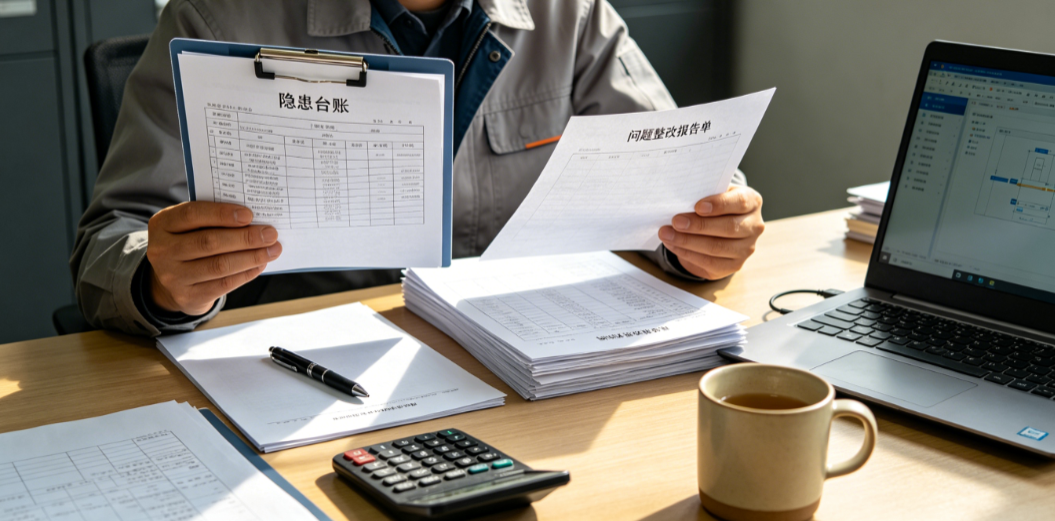 项目管理人员在办公室核对隐患台账与问题整改的纸质单据 项目管理人员在办公室核对隐患台账与问题整改的纸质单据