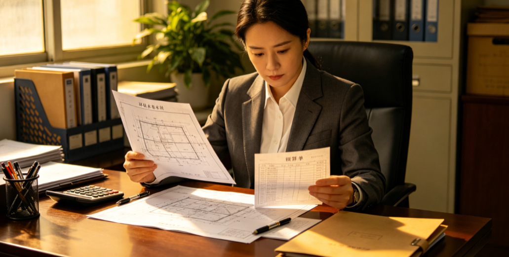 造价管理人员在办公室内对照图纸核对环保水利水电工程的预算清单单据