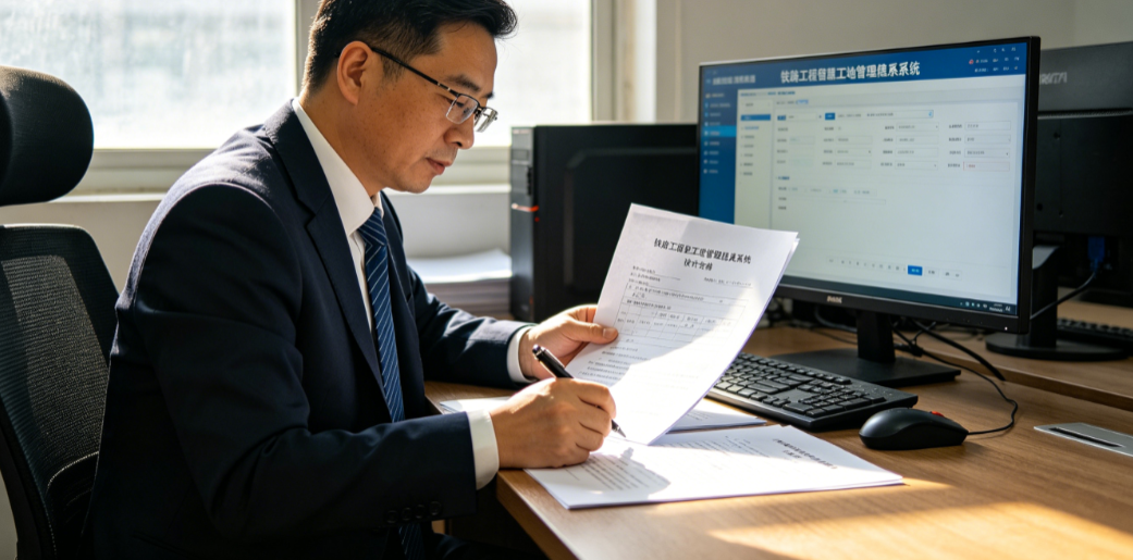 管理人员在办公室核对纸质施工合同,检验铁路工程智慧工地管理信息系统设计是否符合实际业务需求 管理人员在办公室核对纸质施工合同,检验铁路工程智慧工地管理信息系统设计是否符合实际业务需求