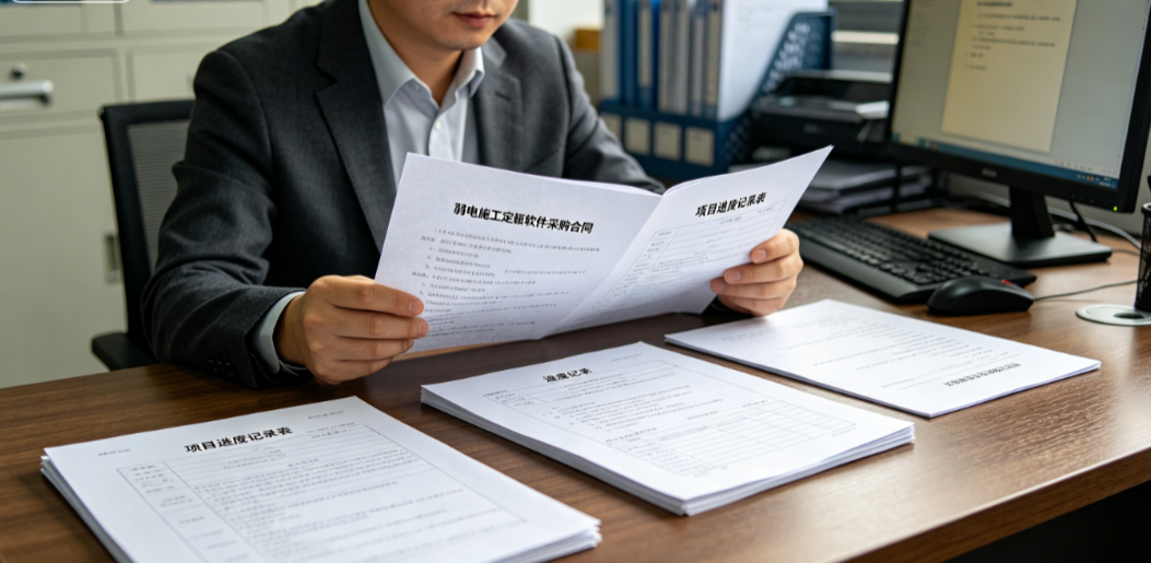项目人员查看弱电施工定额软件相关合同和进度记录 项目人员查看弱电施工定额软件相关合同和进度记录