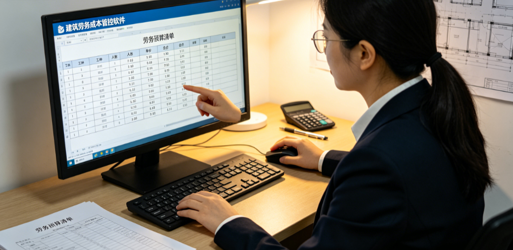 建筑劳务成本管控软件应用场景中项目造价员在电脑前核对劳务预算清单 建筑劳务成本管控软件应用场景中项目造价员在电脑前核对劳务预算清单