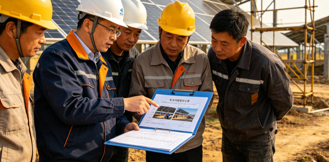 光电建筑项目负责人和施工班组核对安全问题整改记录与现场照片 光电建筑项目负责人和施工班组核对安全问题整改记录与现场照片