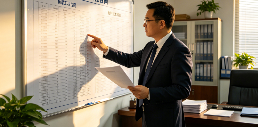 管理人员在办公室通过经营看板核对桥梁工程合同与材料成本 管理人员在办公室通过经营看板核对桥梁工程合同与材料成本