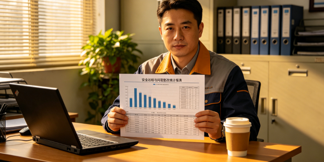 项目管理人员在办公室查看安全巡检与问题整改的统计报表 项目管理人员在办公室查看安全巡检与问题整改的统计报表