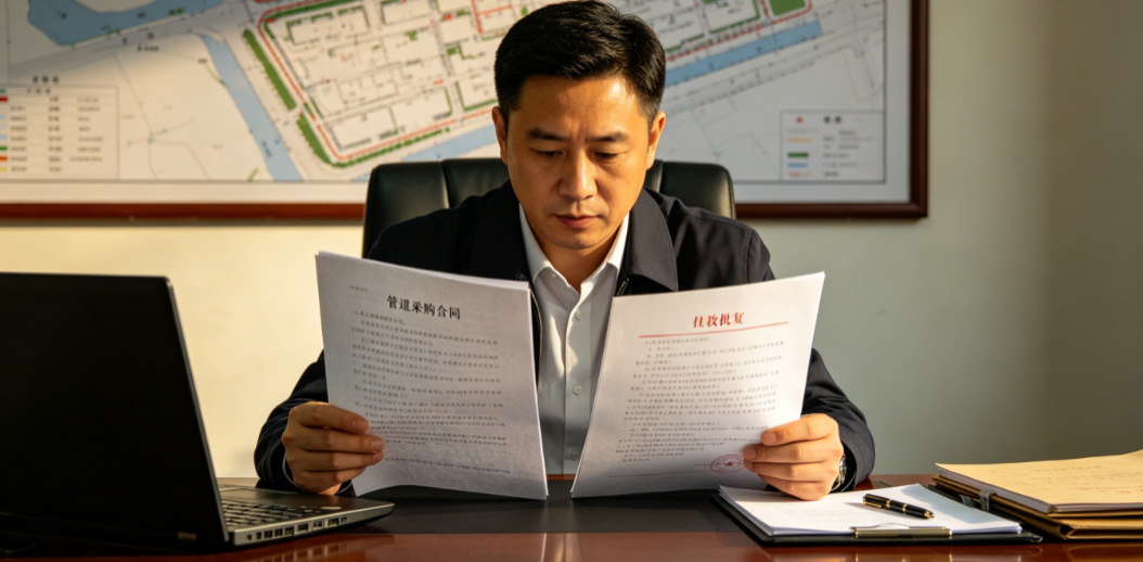 市政管网工程项目负责人在办公室核对管道采购合同与立项批复文件 市政管网工程项目负责人在办公室核对管道采购合同与立项批复文件