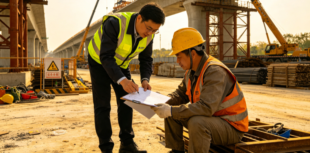 技术人员在公路桥梁施工现场核对安全巡检记录表