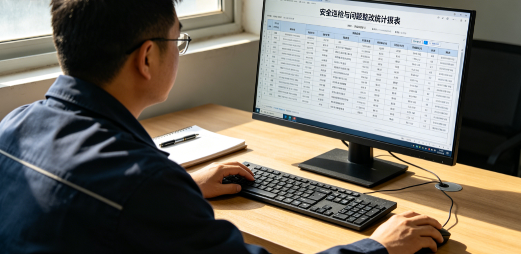 项目安全员在电脑前查看安全巡检与问题整改统计报表