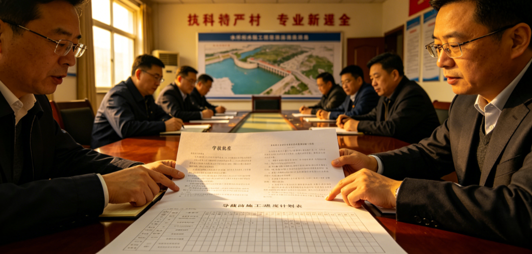水利工程项目管理人员在会议室核对立项批复文件与导截流施工进度计划表