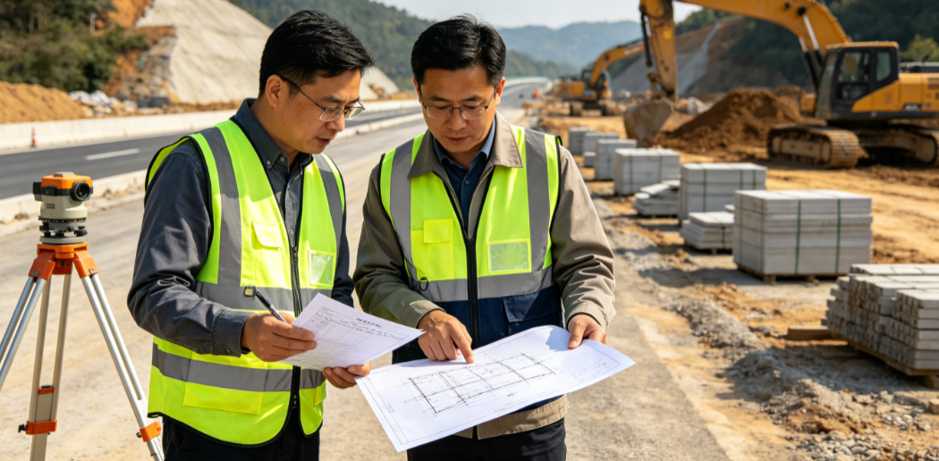 公路项目管理人员在施工现场核对工程量清单和设计图纸 公路项目管理人员在施工现场核对工程量清单和设计图纸