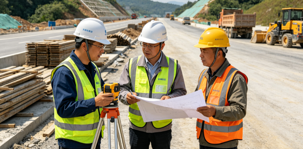 监理人员和施工单位代表在公路项目现场确认变更签证的工程量 监理人员和施工单位代表在公路项目现场确认变更签证的工程量