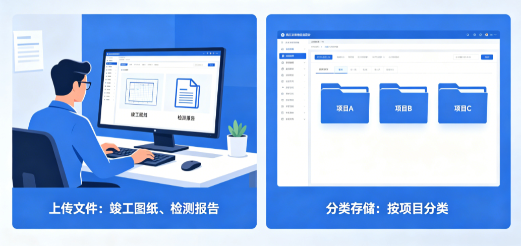 资料员在系统中上传竣工图纸和检测报告,并按项目分类存储 资料员在系统中上传竣工图纸和检测报告,并按项目分类存储