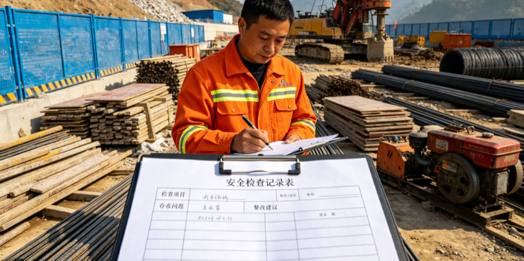 安全员在水利工程施工现场记录安全检查发现的问题并填写记录表 安全员在水利工程施工现场记录安全检查发现的问题并填写记录表
