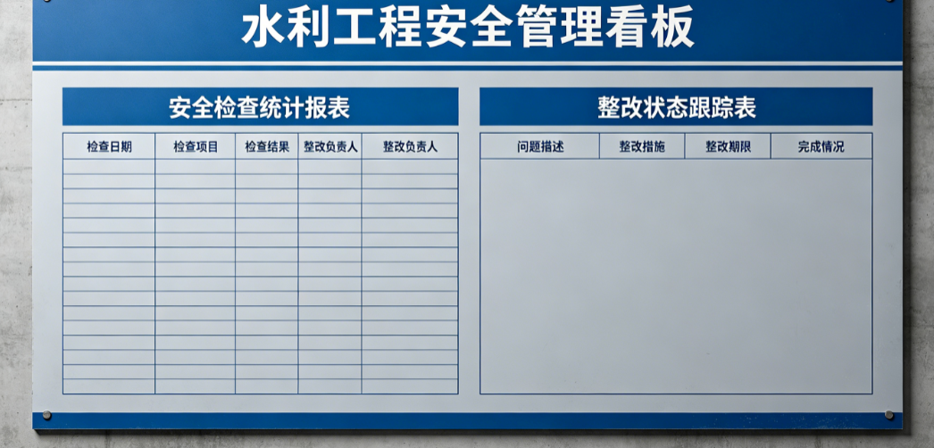 水利工程项目部管理看板上显示着安全检查统计报表与整改状态 水利工程项目部管理看板上显示着安全检查统计报表与整改状态