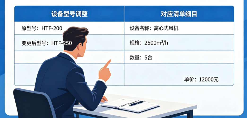 预算人员查看某暖通项目变更记录中调整的设备型号和对应清单细目 预算人员查看某暖通项目变更记录中调整的设备型号和对应清单细目
