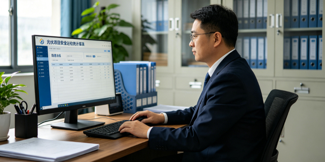 管理人员在办公电脑前查看光伏项目安全巡检统计报表与隐患台账 管理人员在办公电脑前查看光伏项目安全巡检统计报表与隐患台账