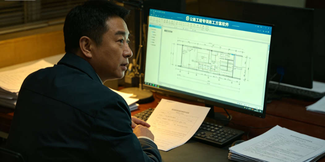 项目负责人使用公路工程专项施工方案软件核对项目立项和施工方案资料