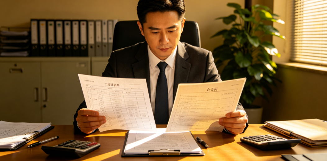 造价人员在办公桌前核对工程预算清单与纸质合同单据 造价人员在办公桌前核对工程预算清单与纸质合同单据