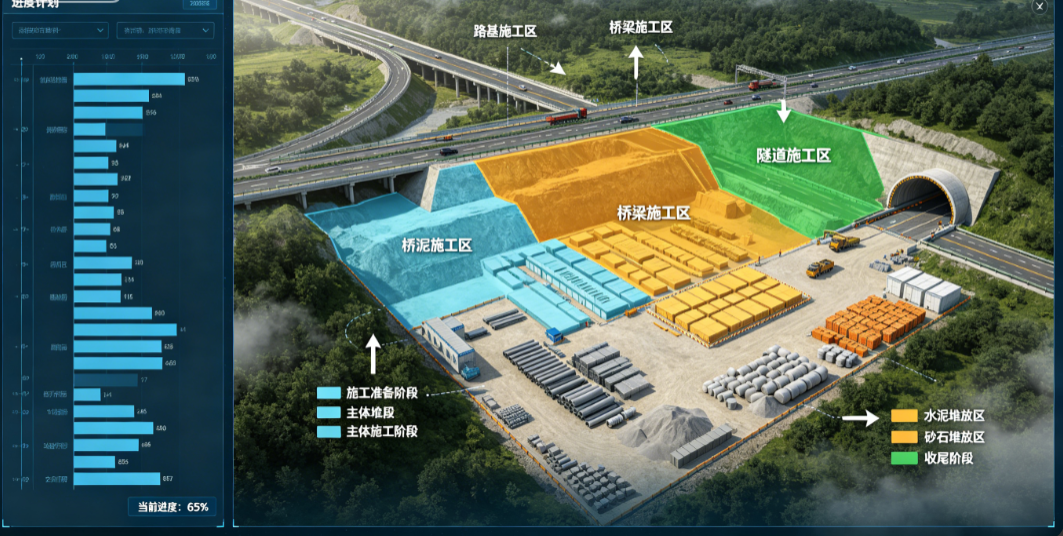 公路项目施工平面布置图软件结合进度计划调整施工区域与材料堆放布局的动态变化场景 公路项目施工平面布置图软件结合进度计划调整施工区域与材料堆放布局的动态变化场景