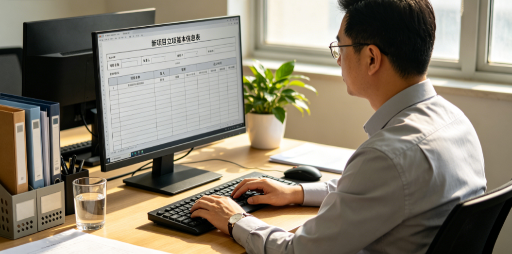 小型企业管理人员在电脑前录入新项目的立项基本信息 小型企业管理人员在电脑前录入新项目的立项基本信息