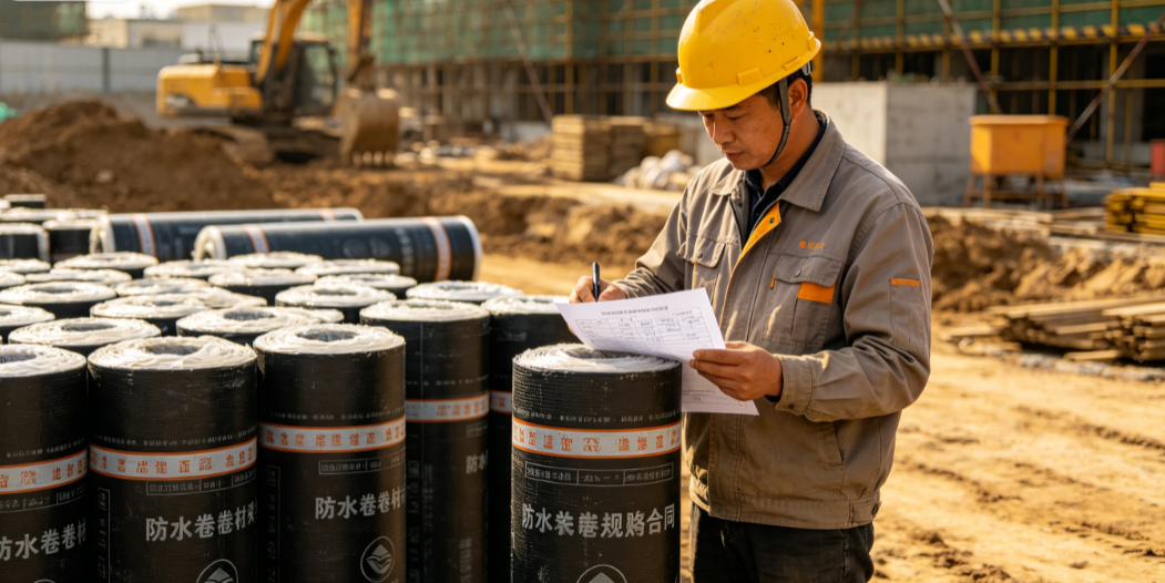 技术人员在土建施工现场核对防水卷材规格与采购合同单据 技术人员在土建施工现场核对防水卷材规格与采购合同单据