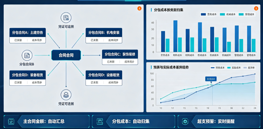 自动关联主合同下的分包成本归集图表 自动关联主合同下的分包成本归集图表