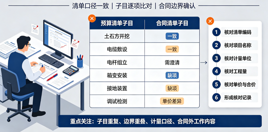 造价人员核对配网工程预算清单与合同清单子目 造价人员核对配网工程预算清单与合同清单子目