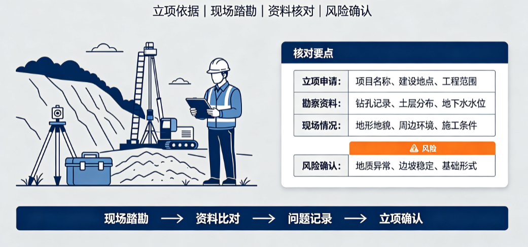 项目管理人员在现场核对岩土工程项目的立项申请与勘察资料
