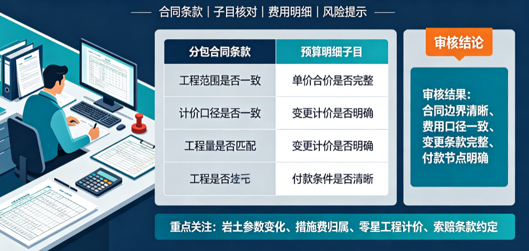 商务造价人员在办公室审核岩土工程项目的分包合同与预算明细