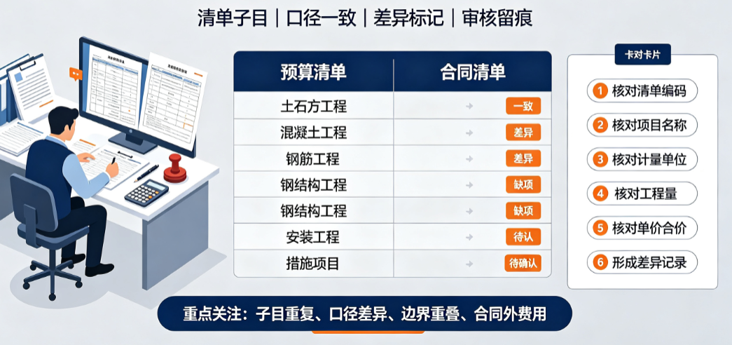 成本人员将预算清单与合同清单逐项核对 成本人员将预算清单与合同清单逐项核对