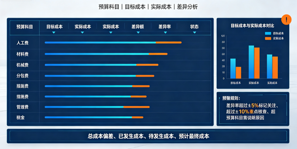 项目动态成本表按预算科目逐项对比目标成本与实际成本 项目动态成本表按预算科目逐项对比目标成本与实际成本