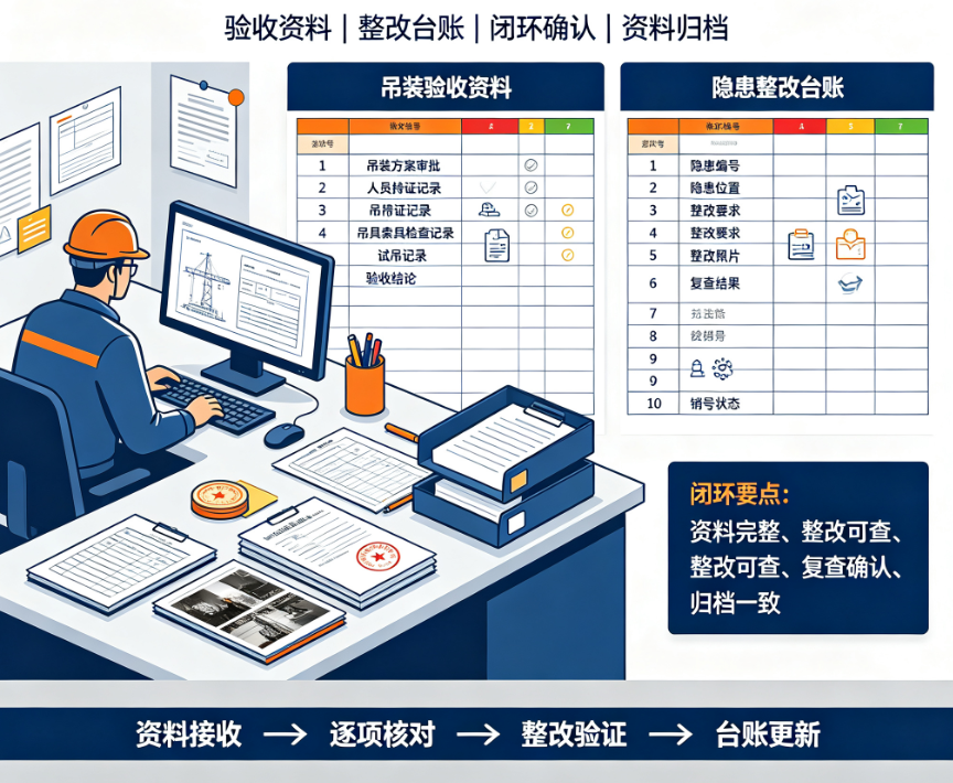 技术人员在办公室核对钢结构吊装验收资料与隐患整改台账 技术人员在办公室核对钢结构吊装验收资料与隐患整改台账