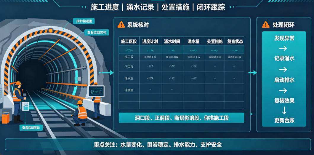 隧道施工涌水监管系统中施工人员核对进度计划和现场涌水处理记录 隧道施工涌水监管系统中施工人员核对进度计划和现场涌水处理记录
