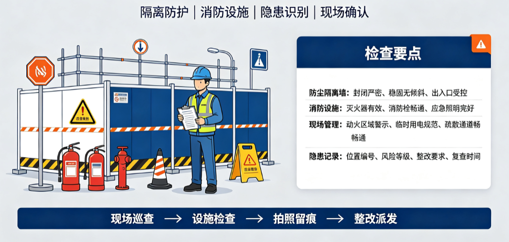 安全员在医院改造工程现场检查防尘隔离墙与消防设施状态 安全员在医院改造工程现场检查防尘隔离墙与消防设施状态