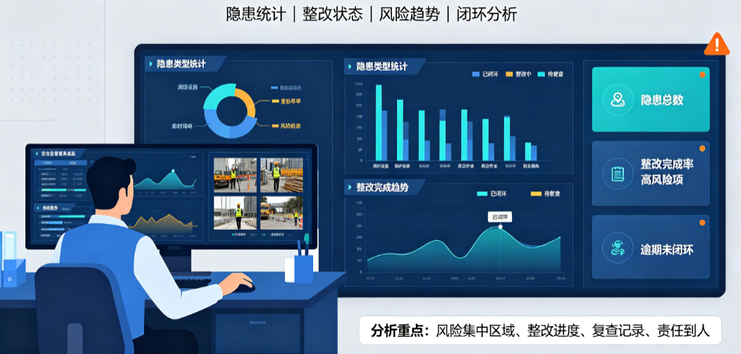 管理人员在办公室内查看医院工程安全管理系统中的统计报表 管理人员在办公室内查看医院工程安全管理系统中的统计报表