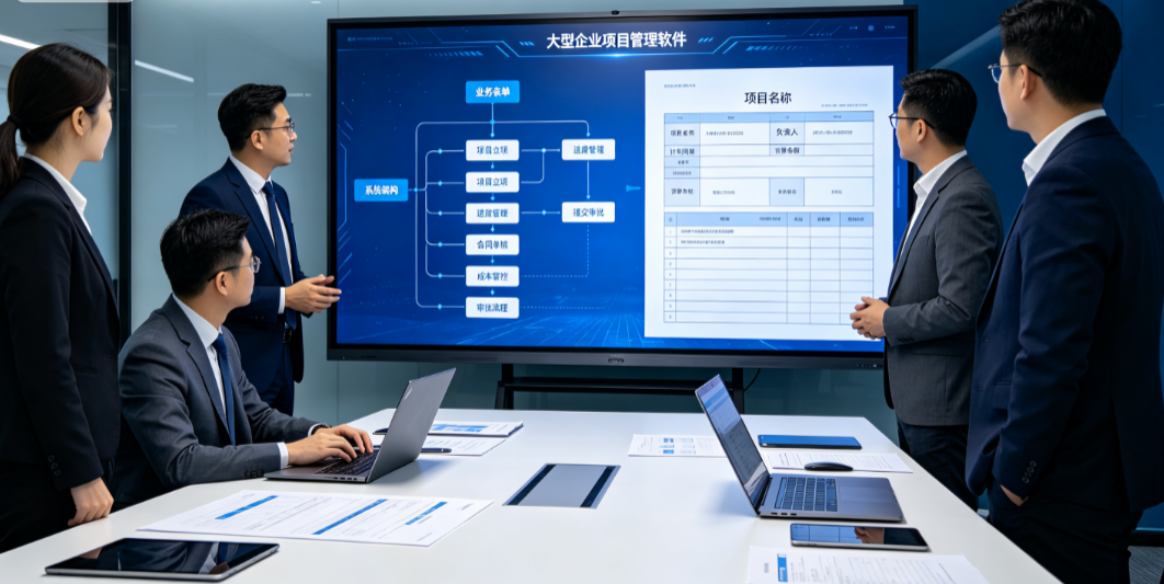管理人员在会议室讨论大型企业项目管理软件的系统架构与业务表单 管理人员在会议室讨论大型企业项目管理软件的系统架构与业务表单
