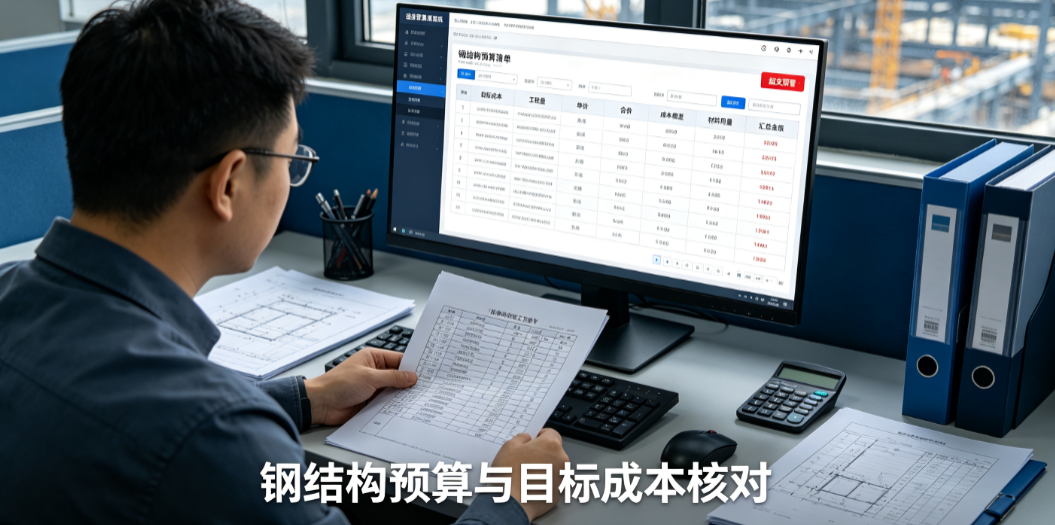 项目造价人员在电脑前核对钢结构预算清单与目标成本