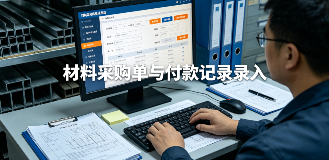 采购人员根据钢构件加工需求录入材料采购单和付款记录