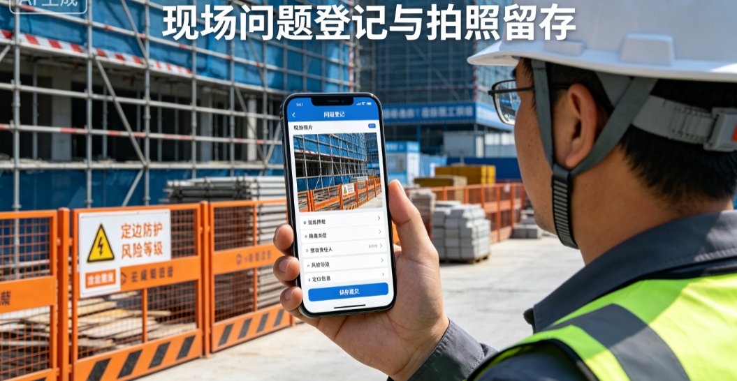 安全员在施工现场使用手机登记检查发现的问题和拍照留存