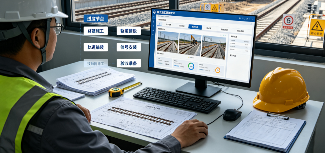 项目经理在铁路施工记录软件中核对施工进度计划和现场完成情况 项目经理在铁路施工记录软件中核对施工进度计划和现场完成情况