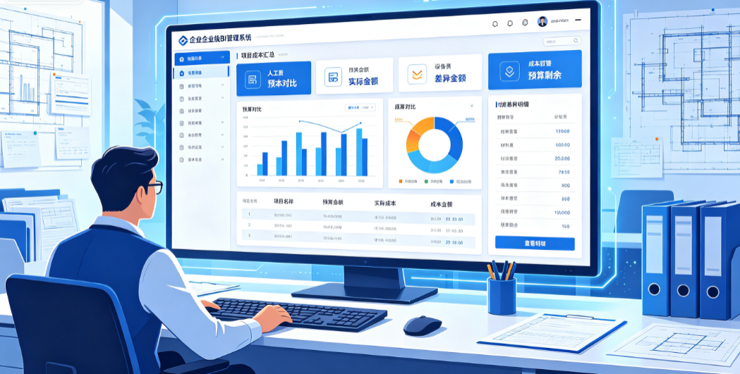 弱电工程企业的项目管理人员在办公室查看项目成本汇总和预算对比