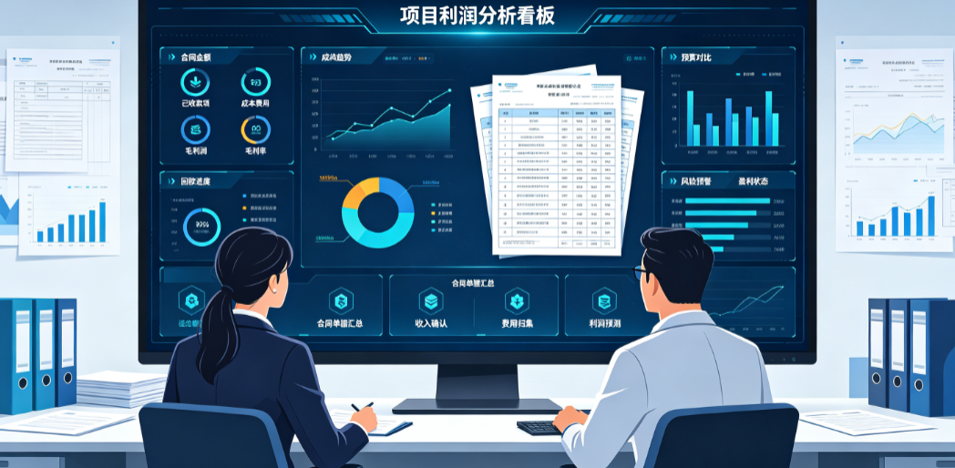 财务主管与运营经理在电脑前查看由多张合同单据汇总出的项目利润分析看板 财务主管与运营经理在电脑前查看由多张合同单据汇总出的项目利润分析看板
