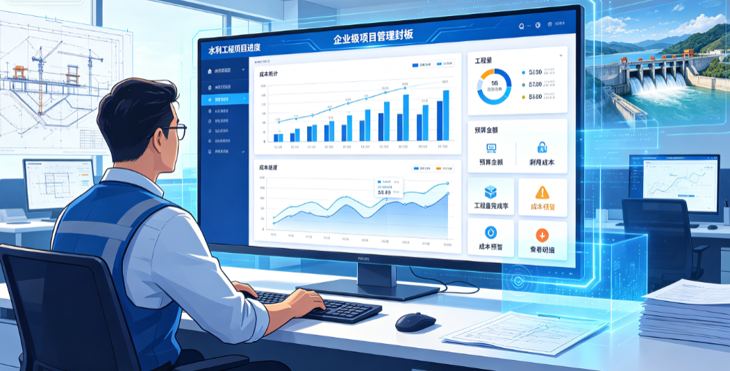 水利工程项目管理人员在办公室查看项目进度和成本统计数据 水利工程项目管理人员在办公室查看项目进度和成本统计数据