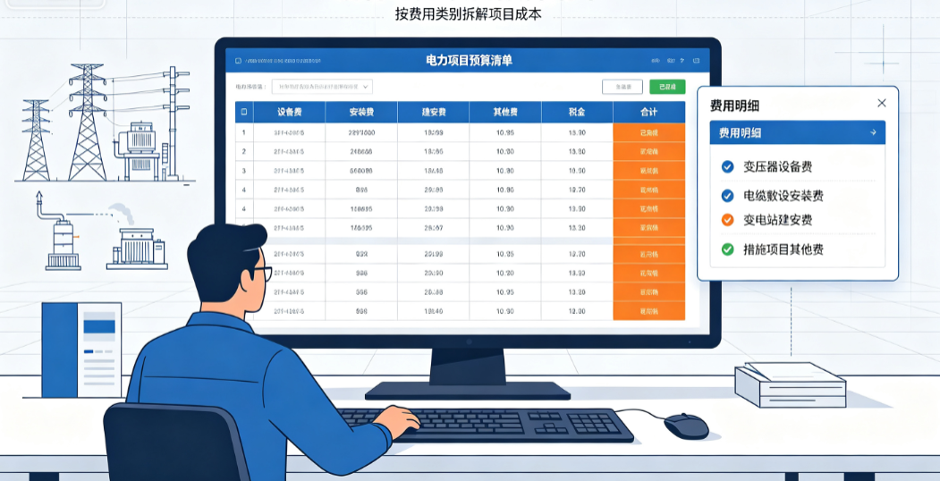 造价人员使用计价软件编制电力项目预算清单,列出设备费、安装费、建安费、其他费等各项费用 造价人员使用计价软件编制电力项目预算清单,列出设备费、安装费、建安费、其他费等各项费用